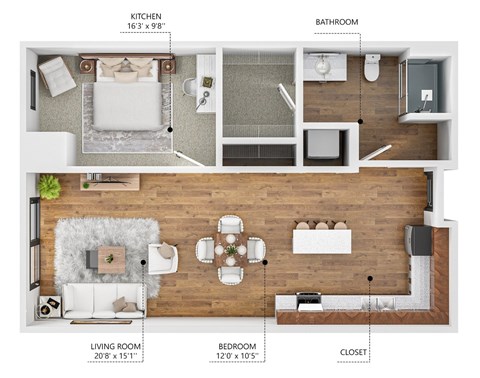 Floor plan for 1 bed, 1 bath, 806 sqft
